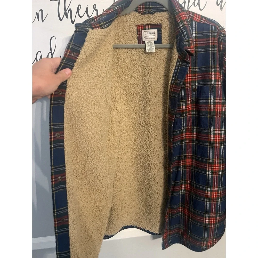 L.L. Bean Shacket Men's Large Multicolor Plaid Sherpa Blue Red Military‎ Jacket - Picture 9 of 11